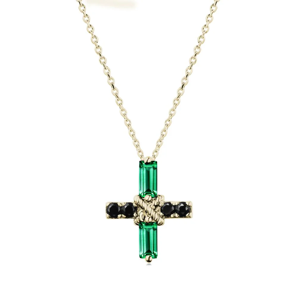 Baguette Emerald and Black Spinel Green Cross Necklace