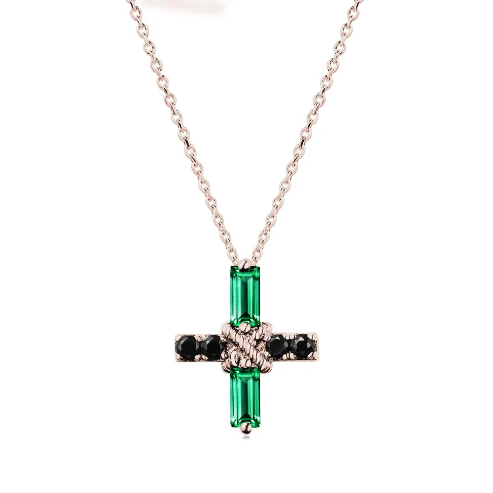 Baguette Emerald and Black Spinel Green Cross Necklace - Image 2