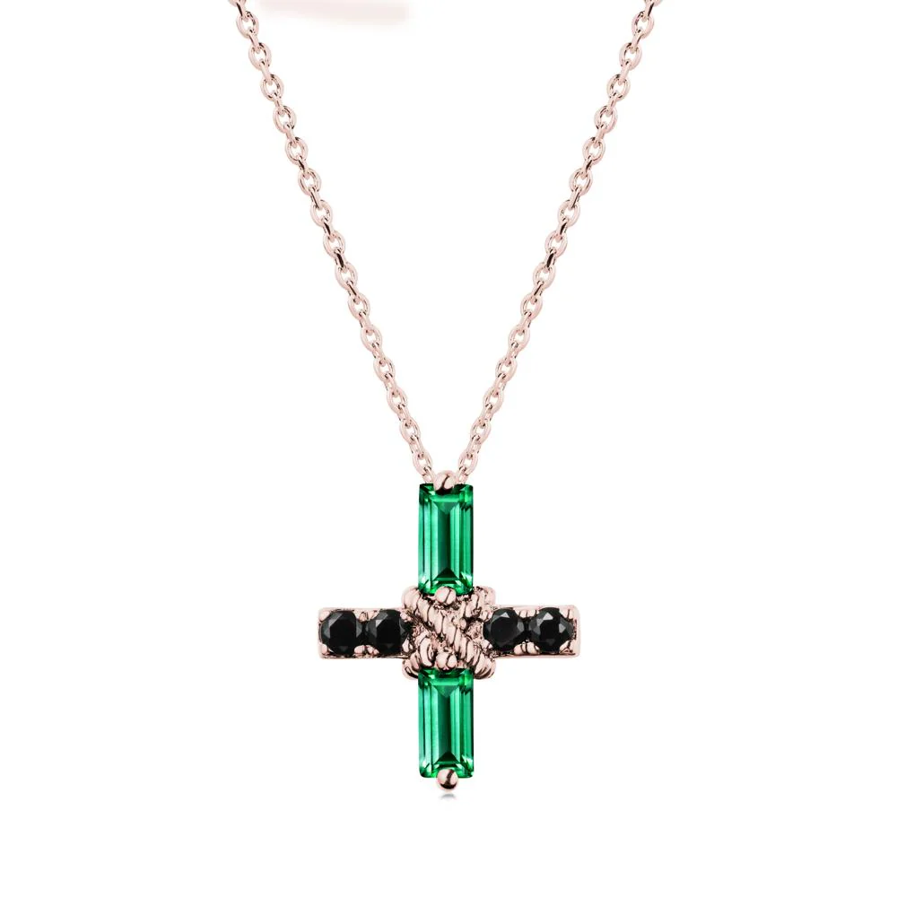 Baguette Emerald and Black Spinel Green Cross Necklace - Image 4