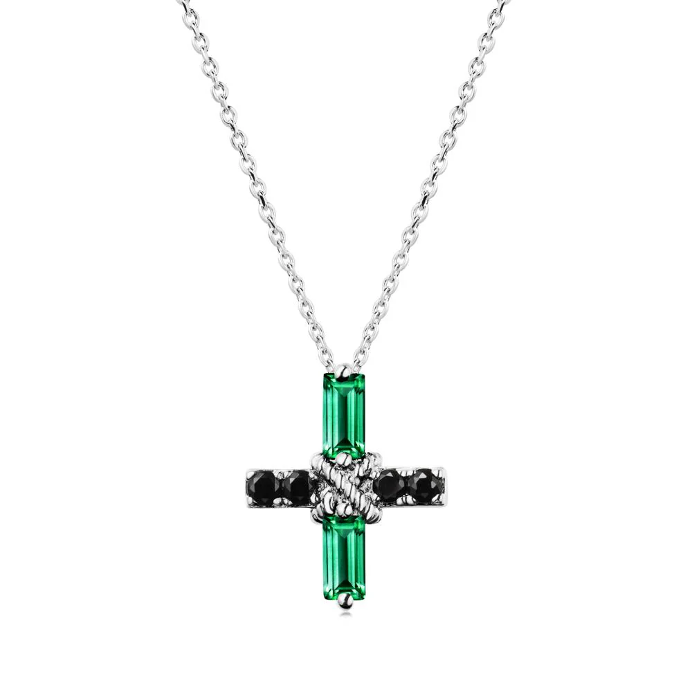 Baguette Emerald and Black Spinel Green Cross Necklace - Image 5
