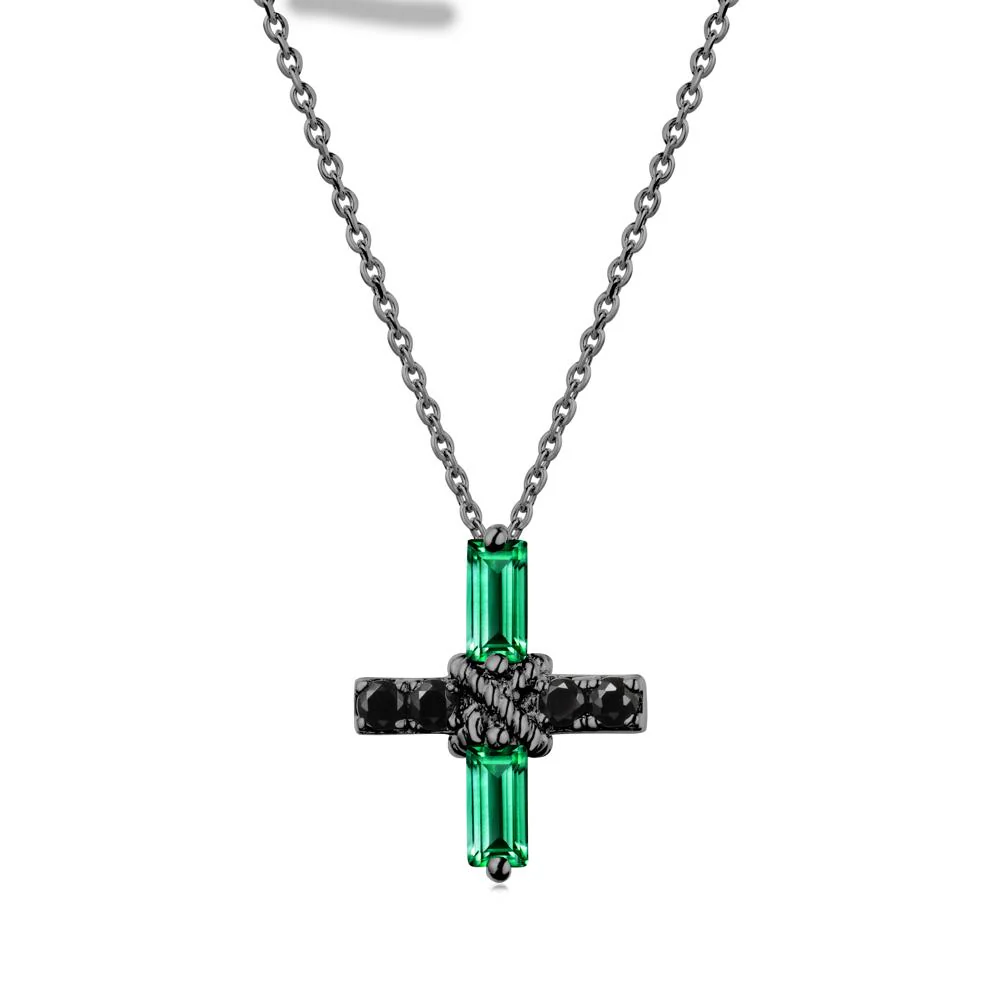 Baguette Emerald and Black Spinel Green Cross Necklace - Image 7
