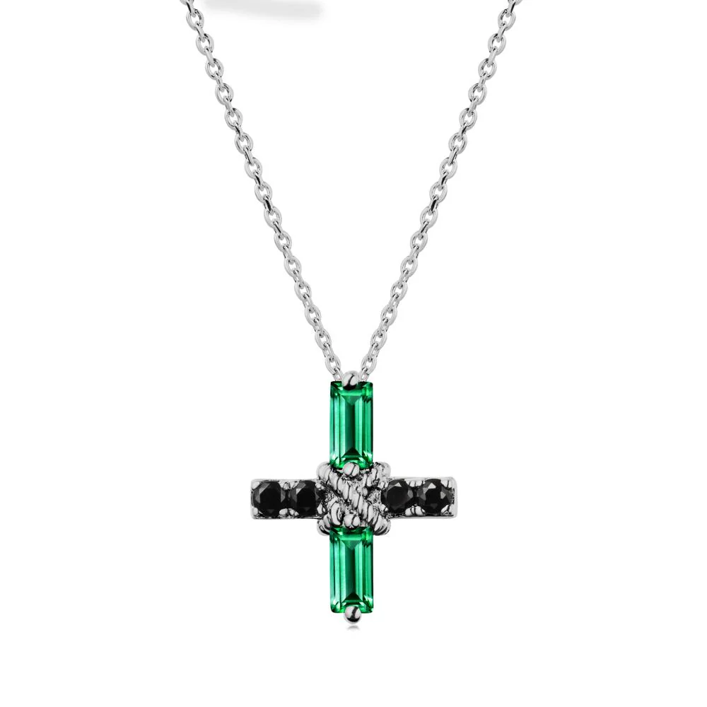 Baguette Emerald and Black Spinel Green Cross Necklace - Image 8