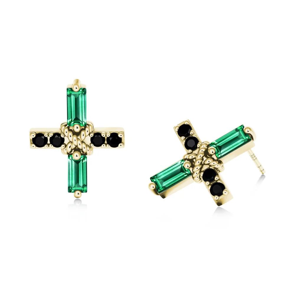 Baguette Emerald and Black Spinel Green Cross Stud Earrings - Image 2