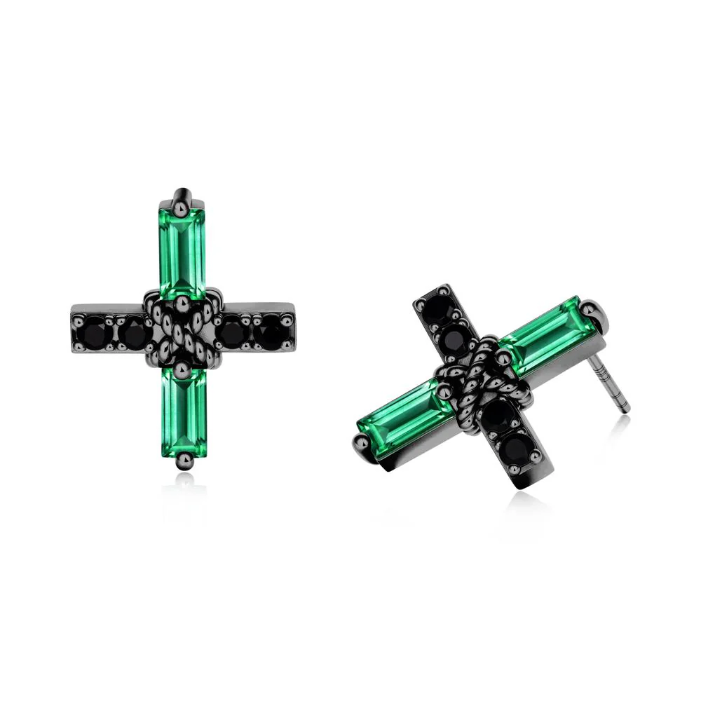 Baguette Emerald and Black Spinel Green Cross Stud Earrings - Image 4
