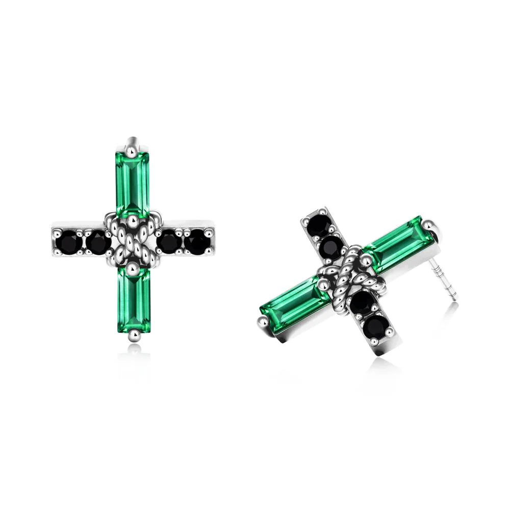 Baguette Emerald and Black Spinel Green Cross Stud Earrings - Image 5