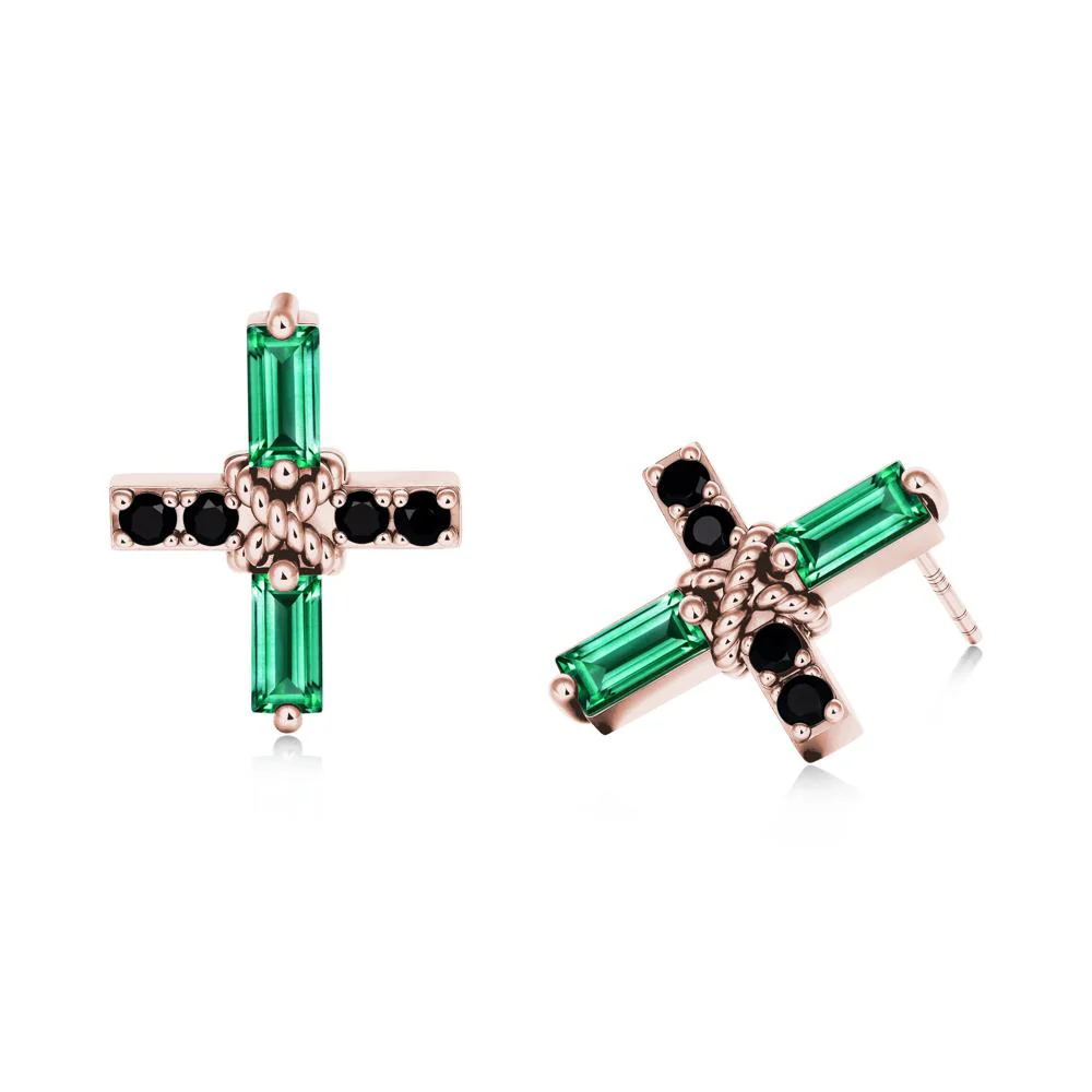Baguette Emerald and Black Spinel Green Cross Stud Earrings - Image 7