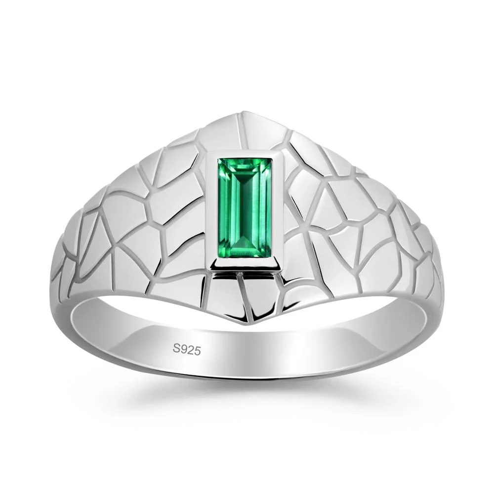 Baguette Emerald Ring with Cracked Texture