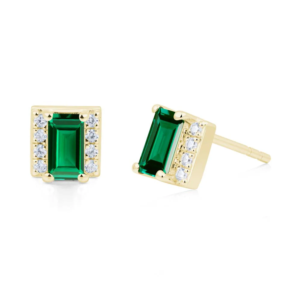 Baguette Emerald Stud Eaarings with Pave Side Accents - Image 3