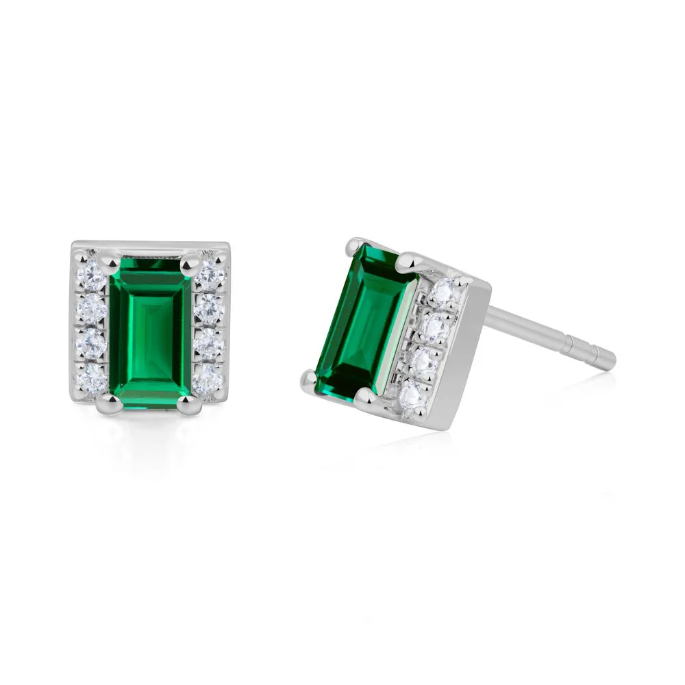 Baguette Emerald Stud Eaarings with Pave Side Accents - Image 4