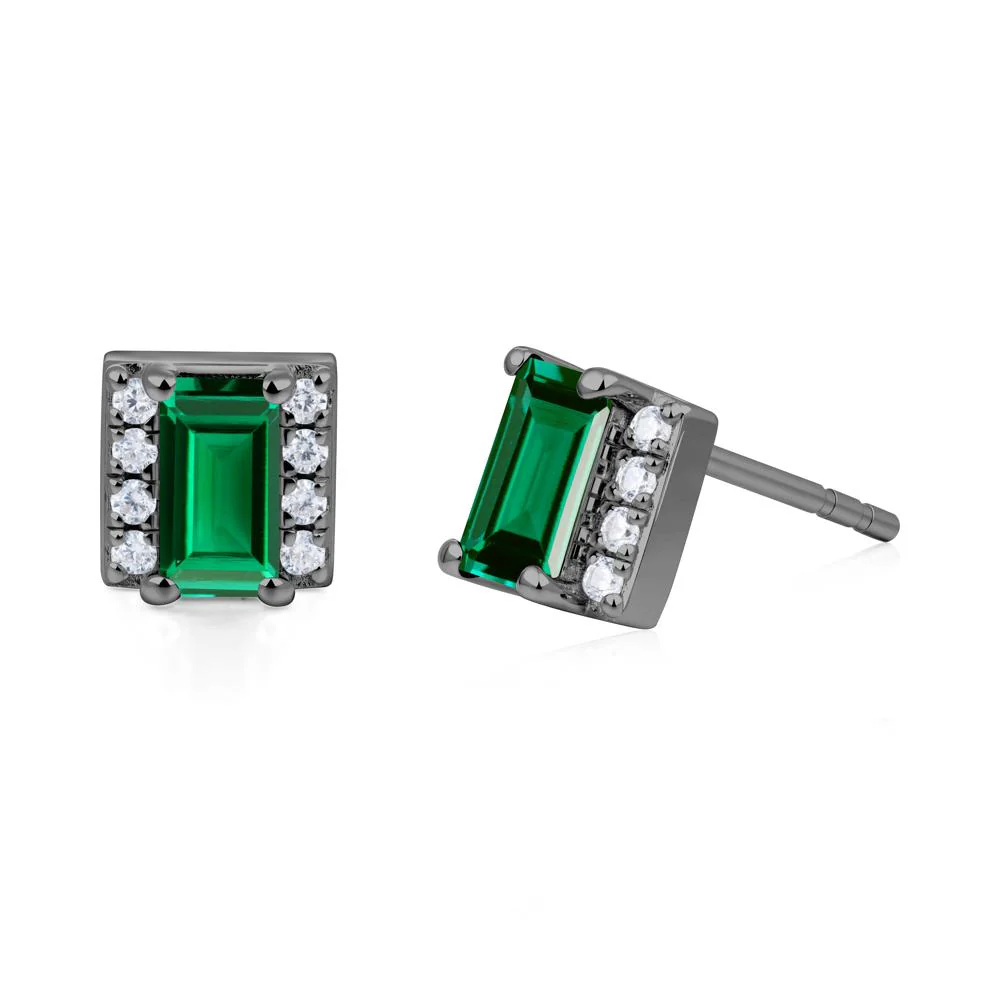 Baguette Emerald Stud Eaarings with Pave Side Accents - Image 5