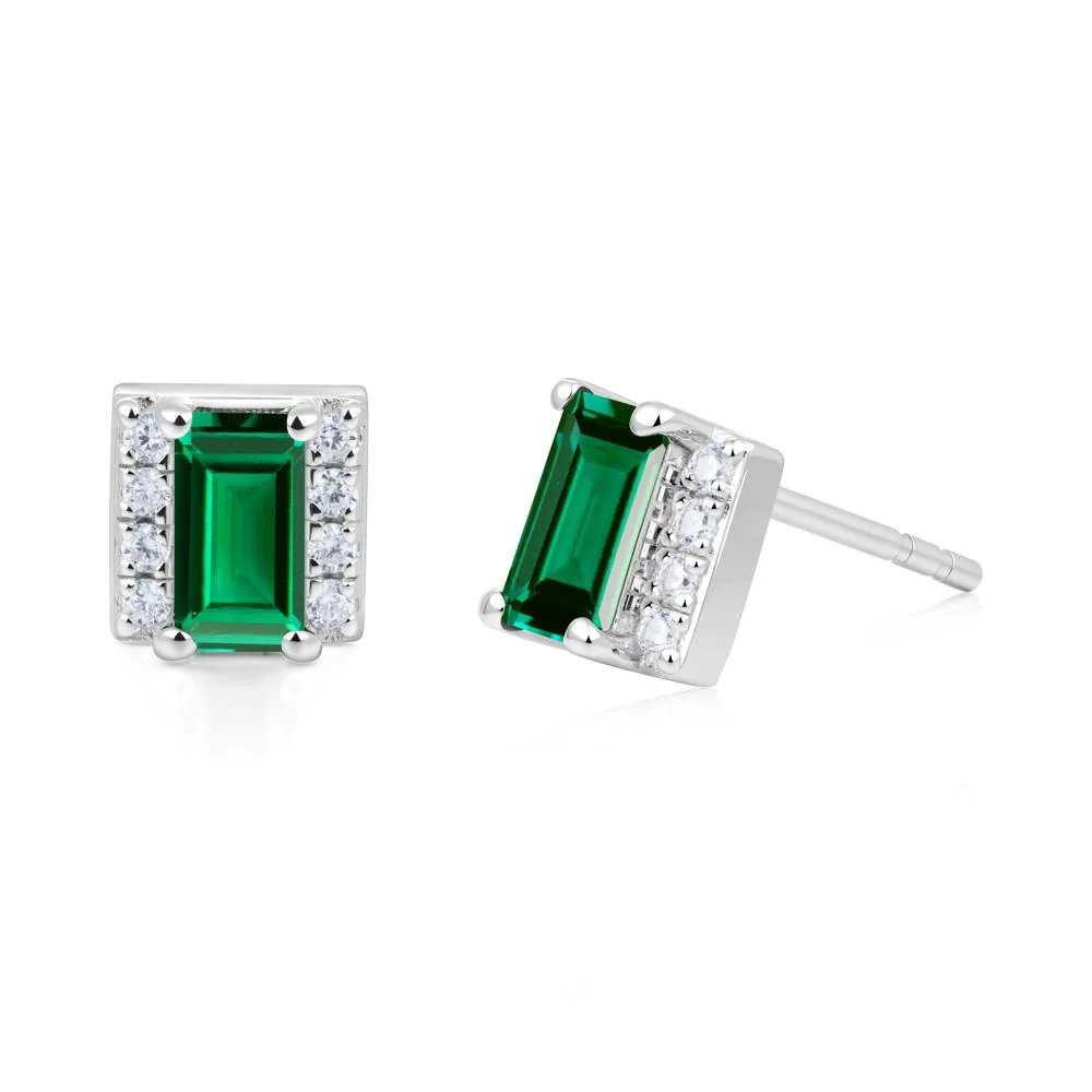 Baguette Emerald Stud Eaarings with Pave Side Accents - Image 6