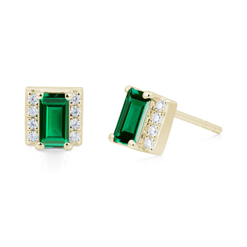 Baguette Emerald Stud Eaarings with Pave Side Accents - Image 9