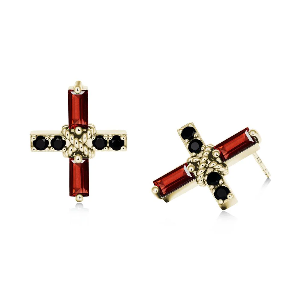 Baguette Garnet and Black Spinel Green Cross Stud Earrings - Image 7