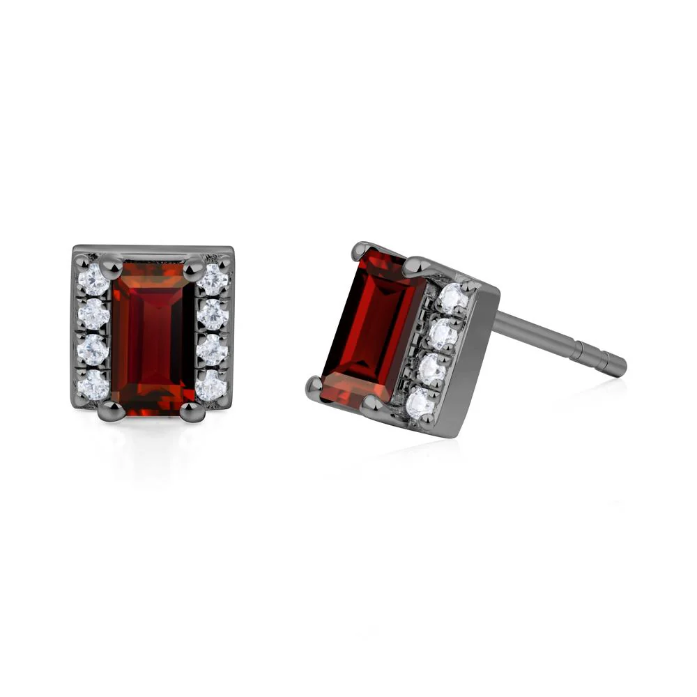 Baguette Garnet Stud Eaarings with Pave Side Accents