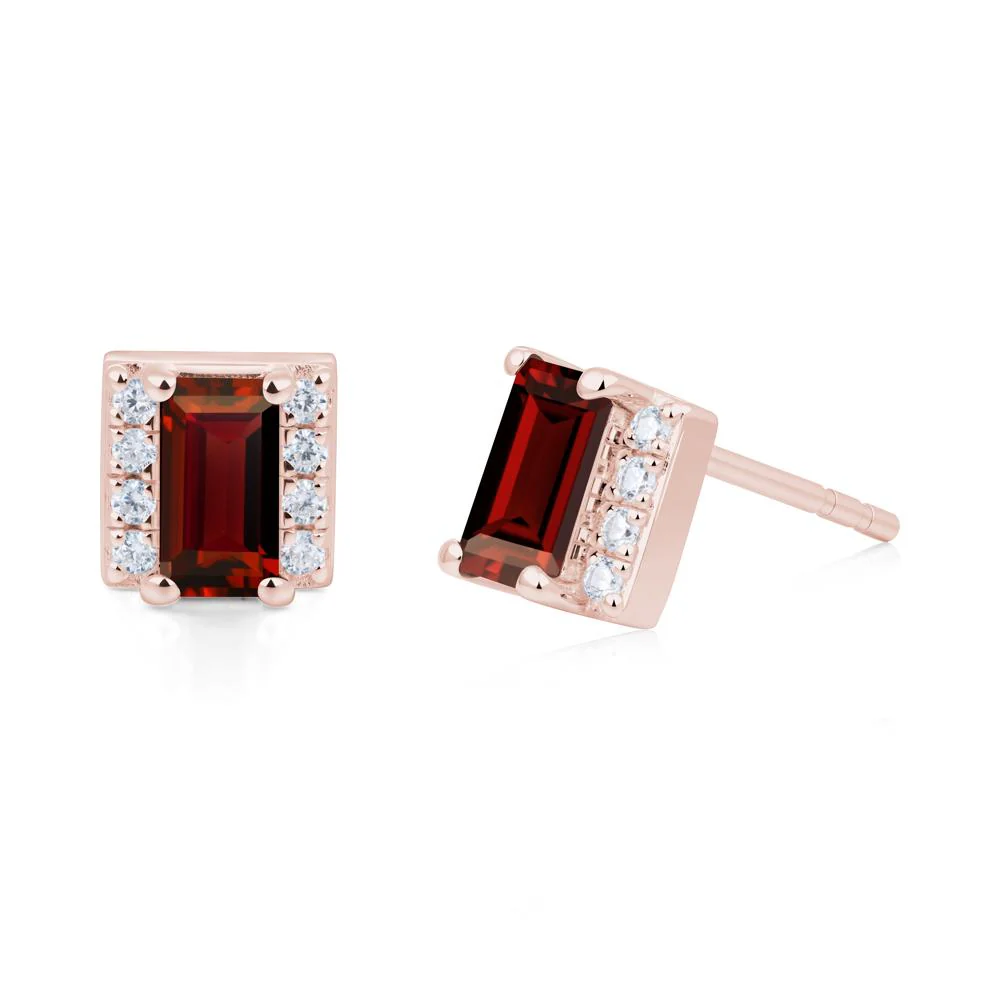 Baguette Garnet Stud Eaarings with Pave Side Accents - Image 4