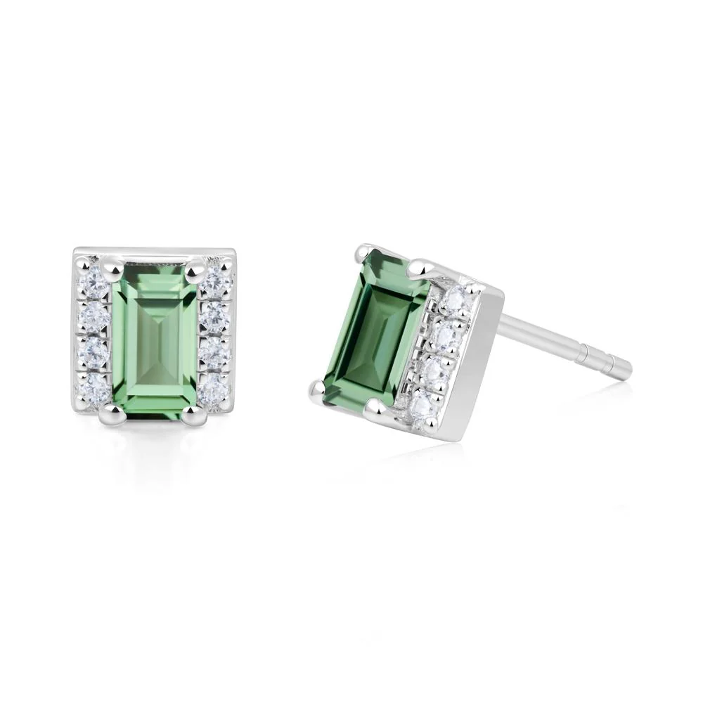 Baguette Green Sapphire Stud Eaarings with Pave Side Accents - Image 4