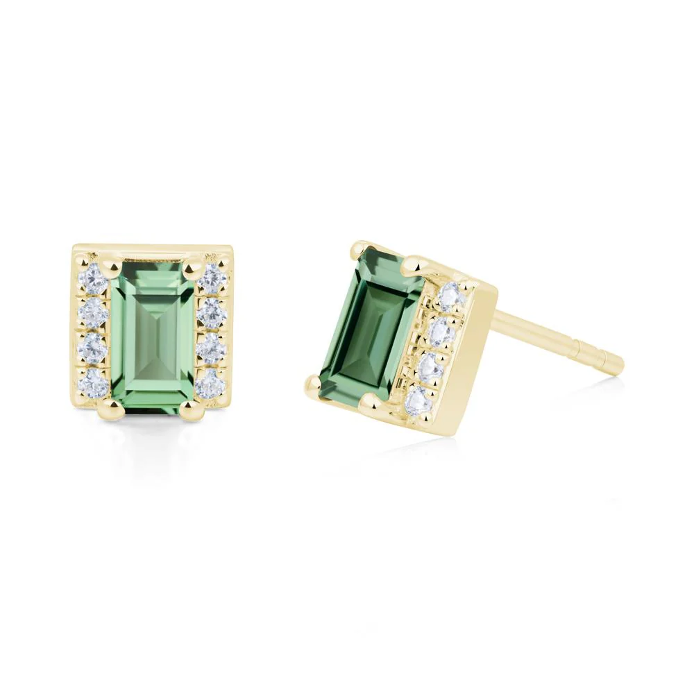 Baguette Green Sapphire Stud Eaarings with Pave Side Accents - Image 5