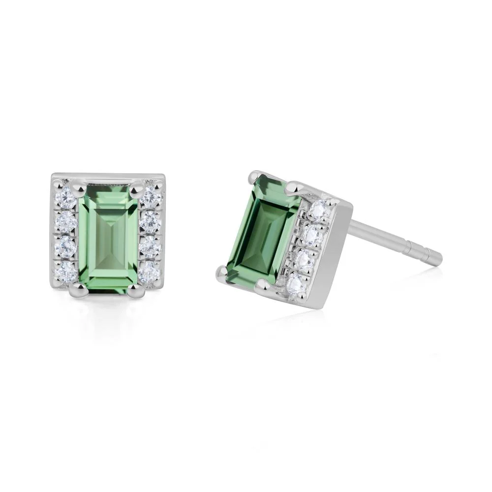 Baguette Green Sapphire Stud Eaarings with Pave Side Accents - Image 7
