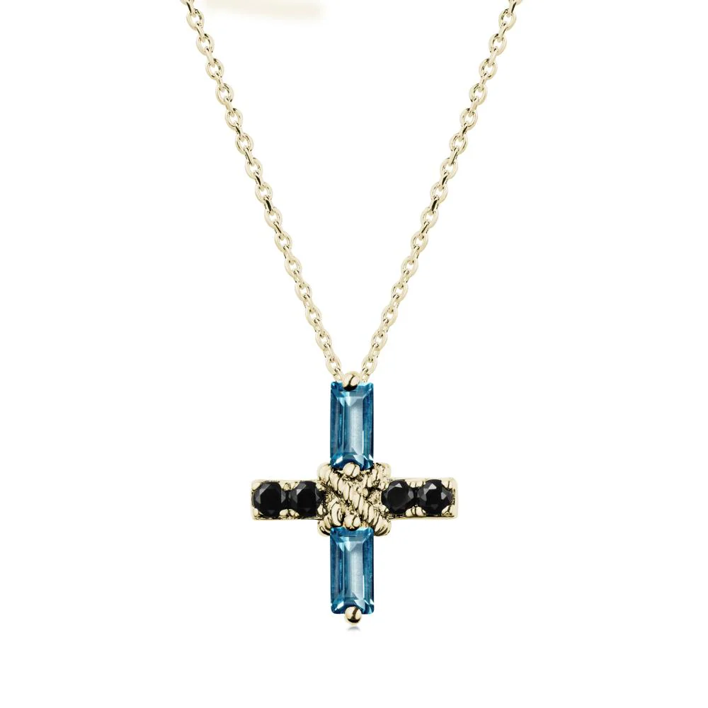 Baguette London Blue Topaz and Black Spinel Green Cross Necklace