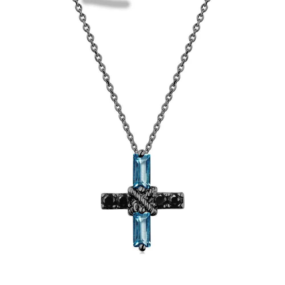 Baguette London Blue Topaz and Black Spinel Green Cross Necklace - Image 7