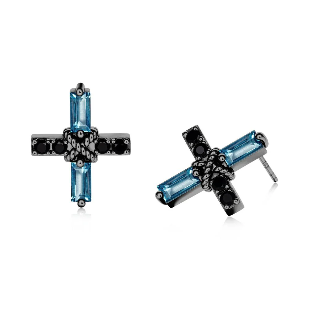 Baguette London Blue Topaz and Black Spinel Green Cross Stud Earrings - Image 2