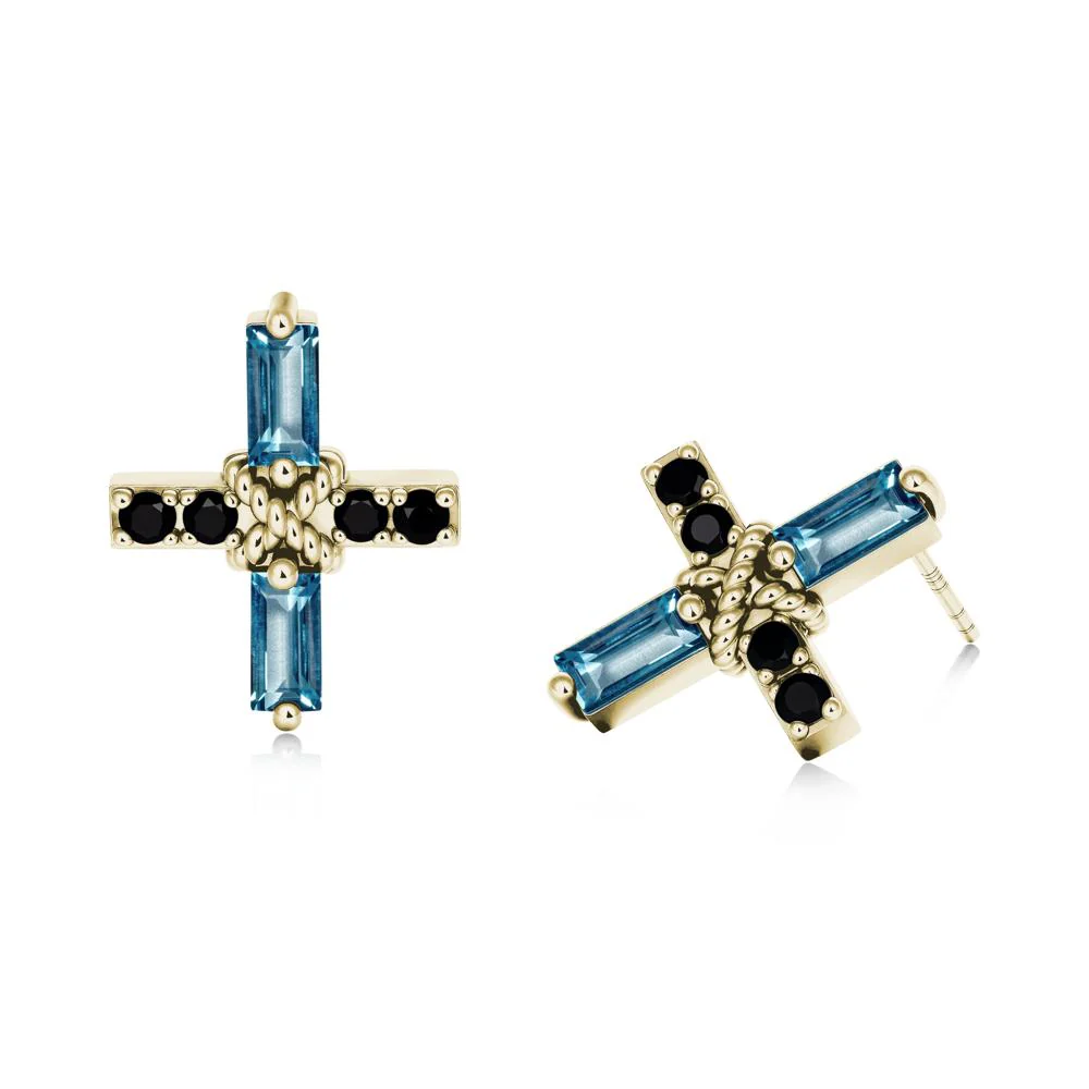 Baguette London Blue Topaz and Black Spinel Green Cross Stud Earrings - Image 3