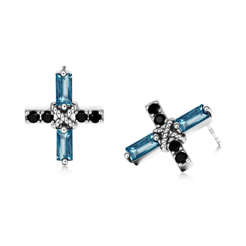 Baguette London Blue Topaz and Black Spinel Green Cross Stud Earrings - Image 6