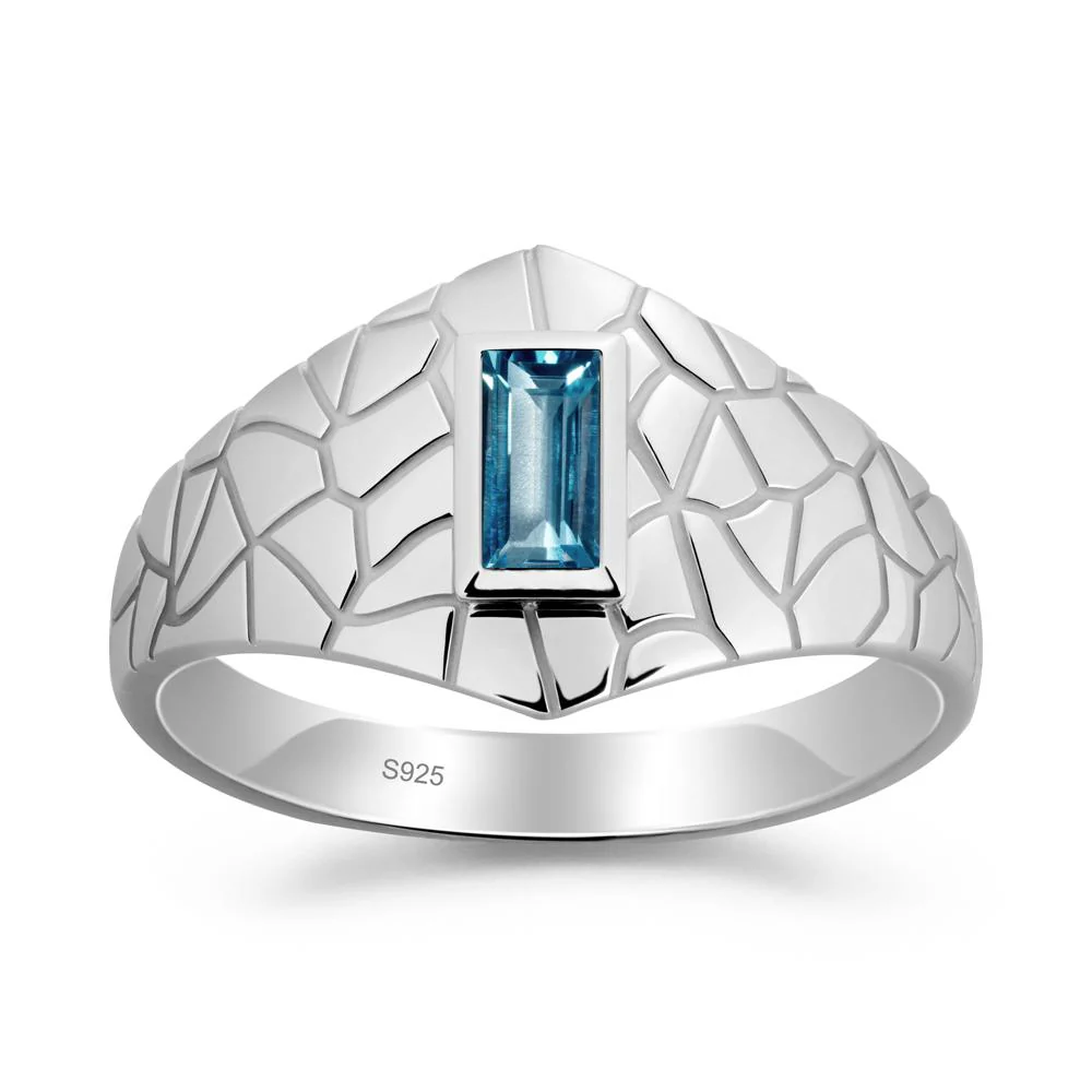 Baguette London Blue Topaz Ring with Cracked Texture - Image 2