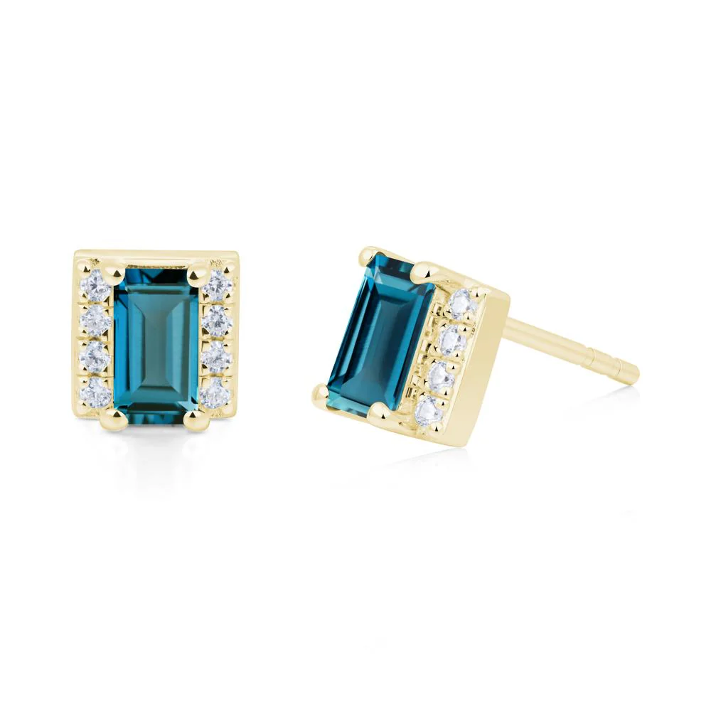 Baguette London Blue Topaz Stud Eaarings with Pave Side Accents - Image 2