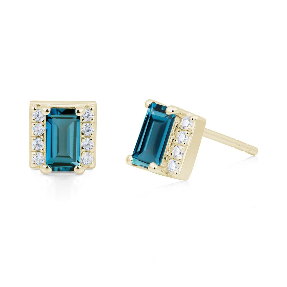 Baguette London Blue Topaz Stud Eaarings with Pave Side Accents - Image 3
