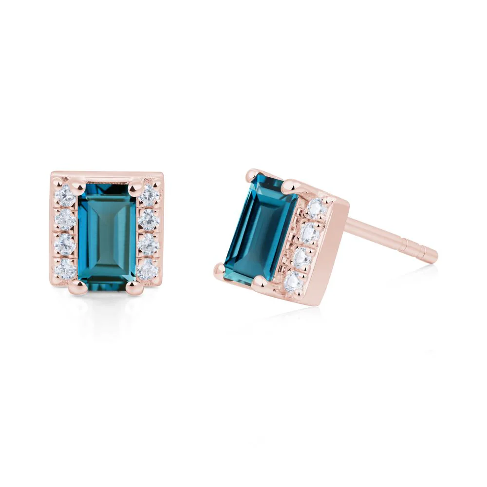 Baguette London Blue Topaz Stud Eaarings with Pave Side Accents - Image 6