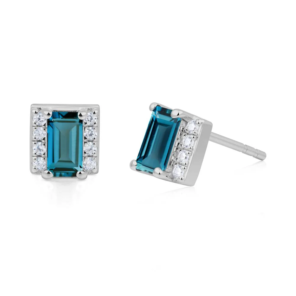 Baguette London Blue Topaz Stud Eaarings with Pave Side Accents - Image 7