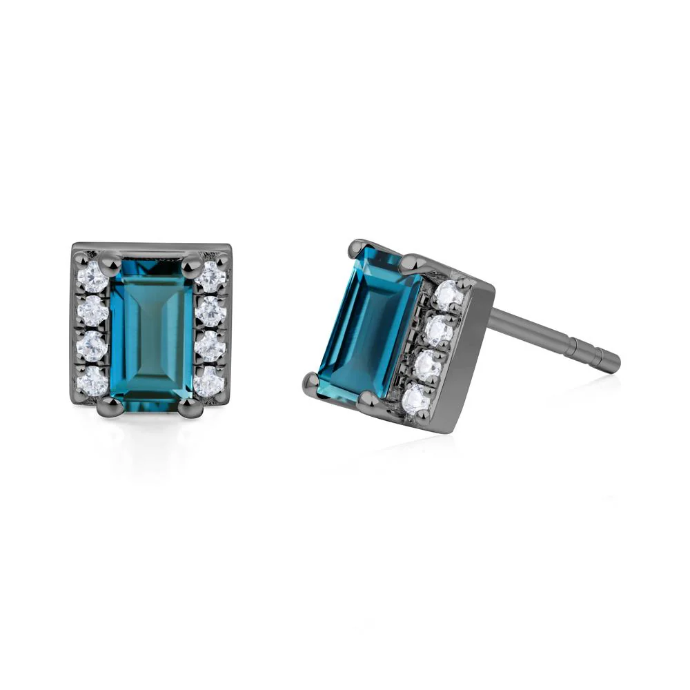 Baguette London Blue Topaz Stud Eaarings with Pave Side Accents - Image 8