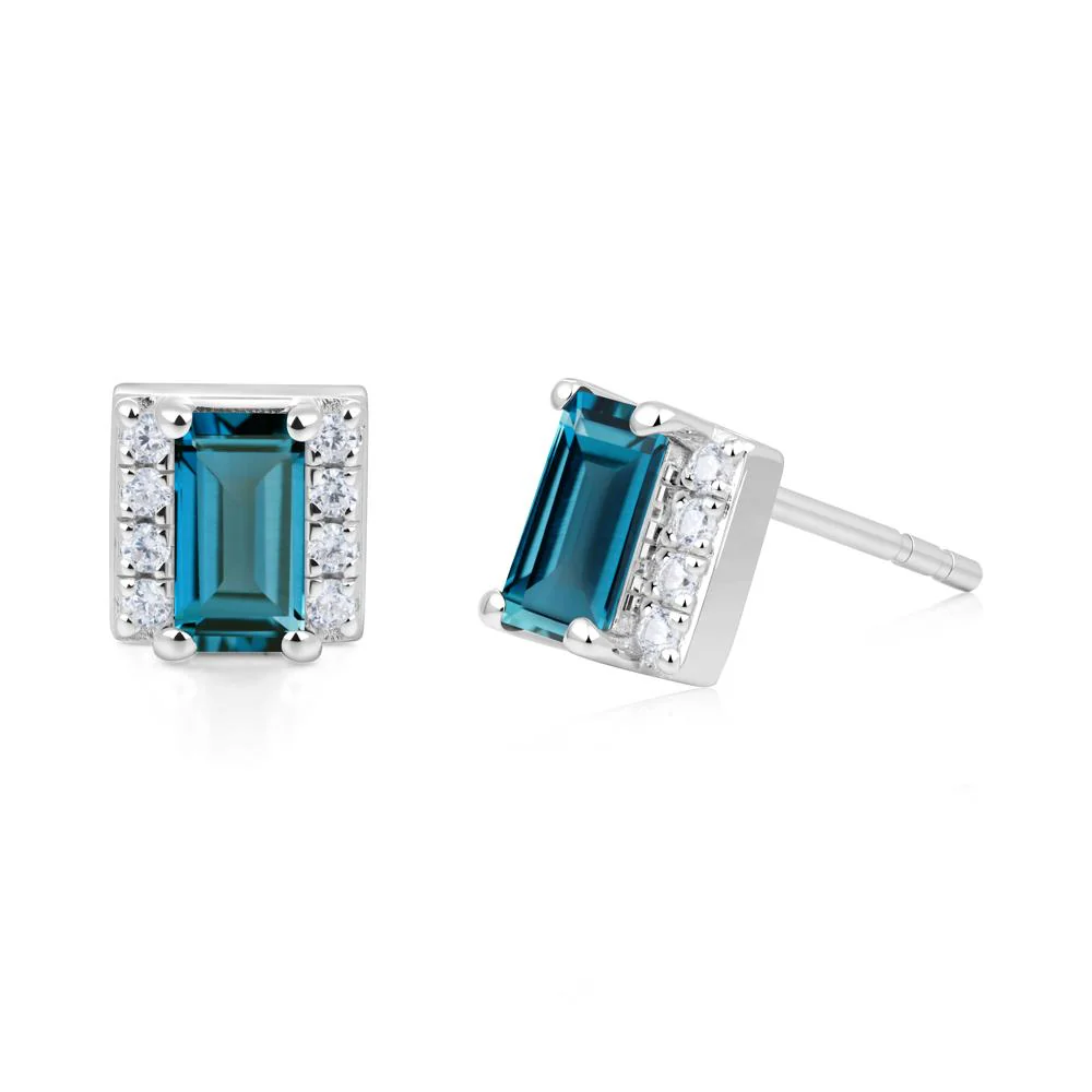 Baguette London Blue Topaz Stud Eaarings with Pave Side Accents - Image 9