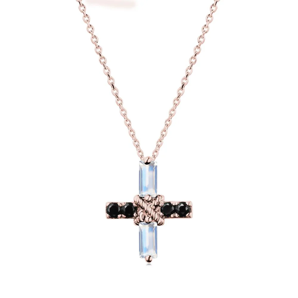 Baguette Moonstone and Black Spinel Green Cross Necklace - Image 4