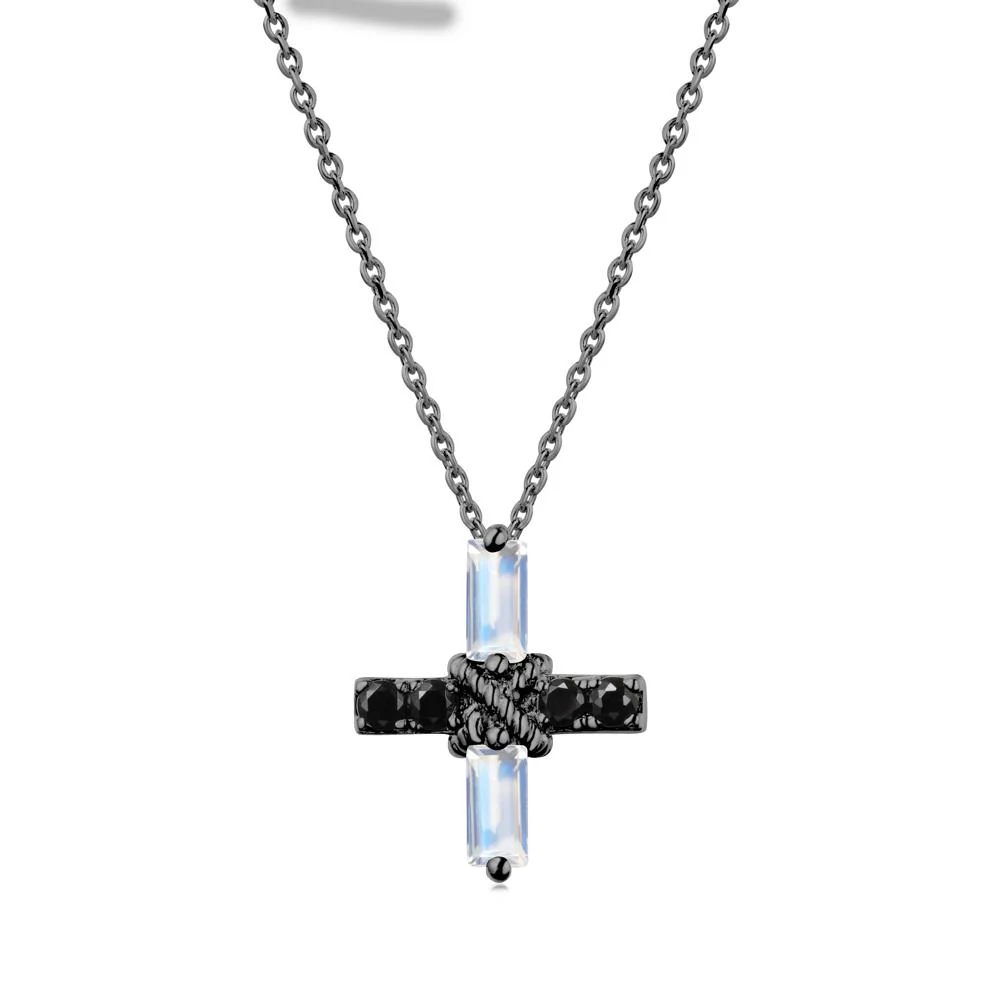 Baguette Moonstone and Black Spinel Green Cross Necklace - Image 7