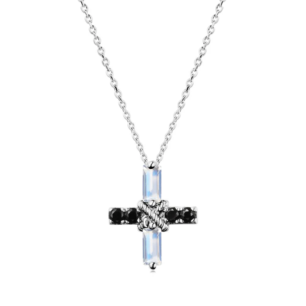 Baguette Moonstone and Black Spinel Green Cross Necklace - Image 9
