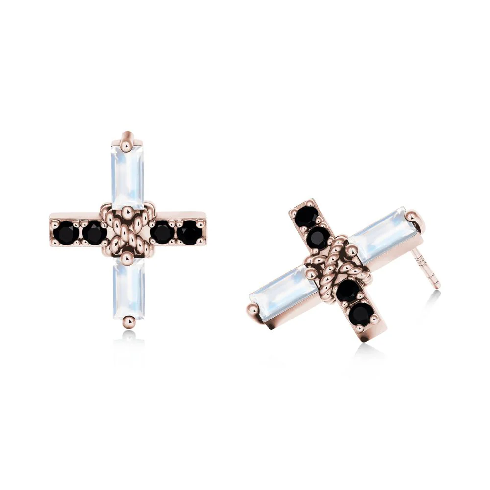 Baguette Moonstone and Black Spinel Green Cross Stud Earrings - Image 4