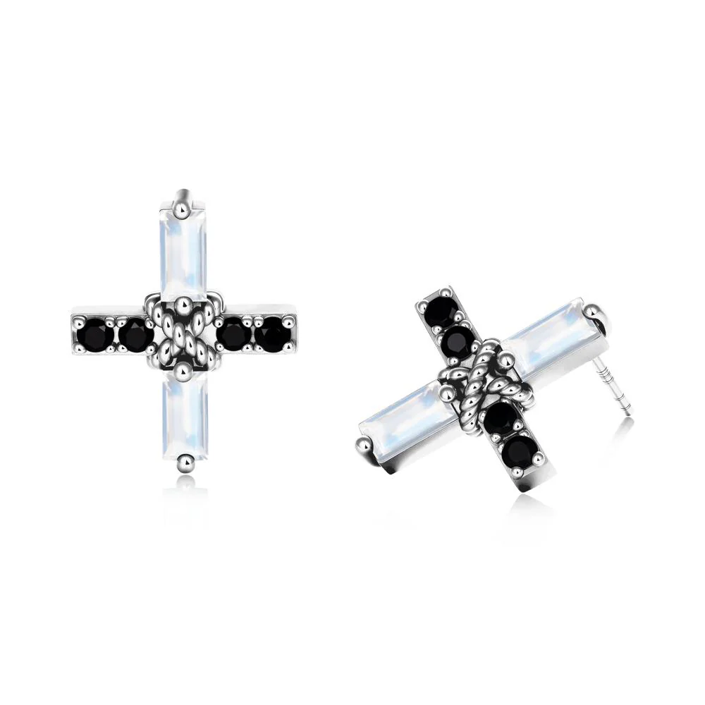 Baguette Moonstone and Black Spinel Green Cross Stud Earrings - Image 7