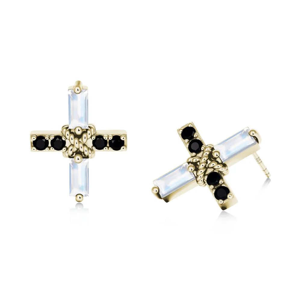Baguette Moonstone and Black Spinel Green Cross Stud Earrings - Image 9