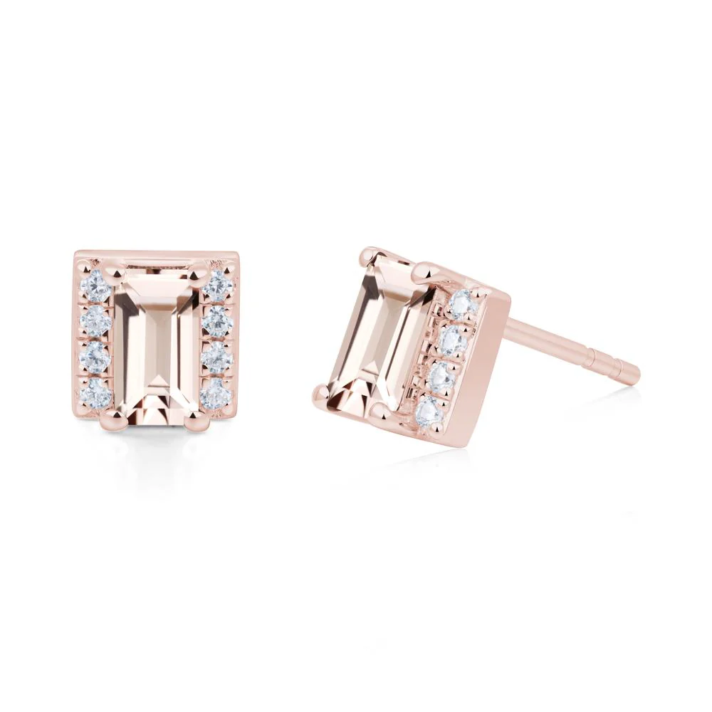 Baguette  Morganite Halo Stud Earrings - Image 9