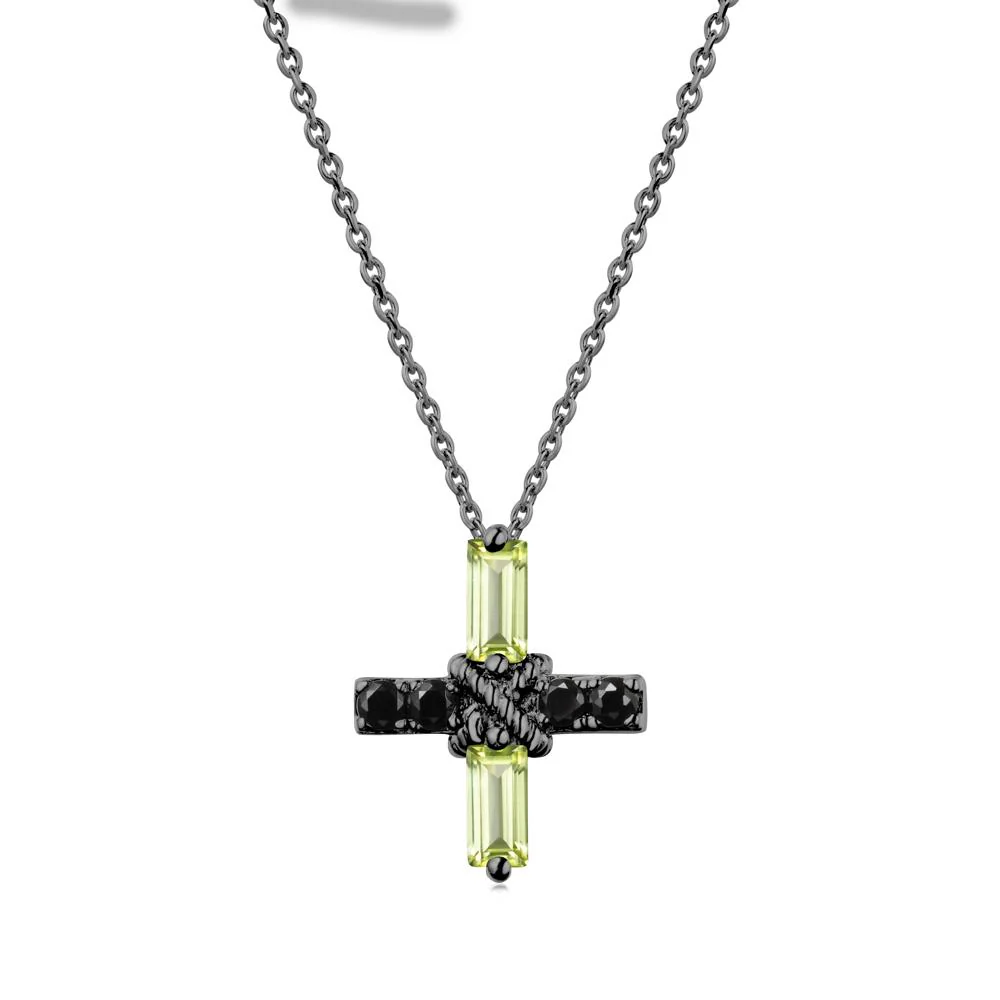 Baguette Peridot and Black Spinel Green Cross Necklace - Image 8