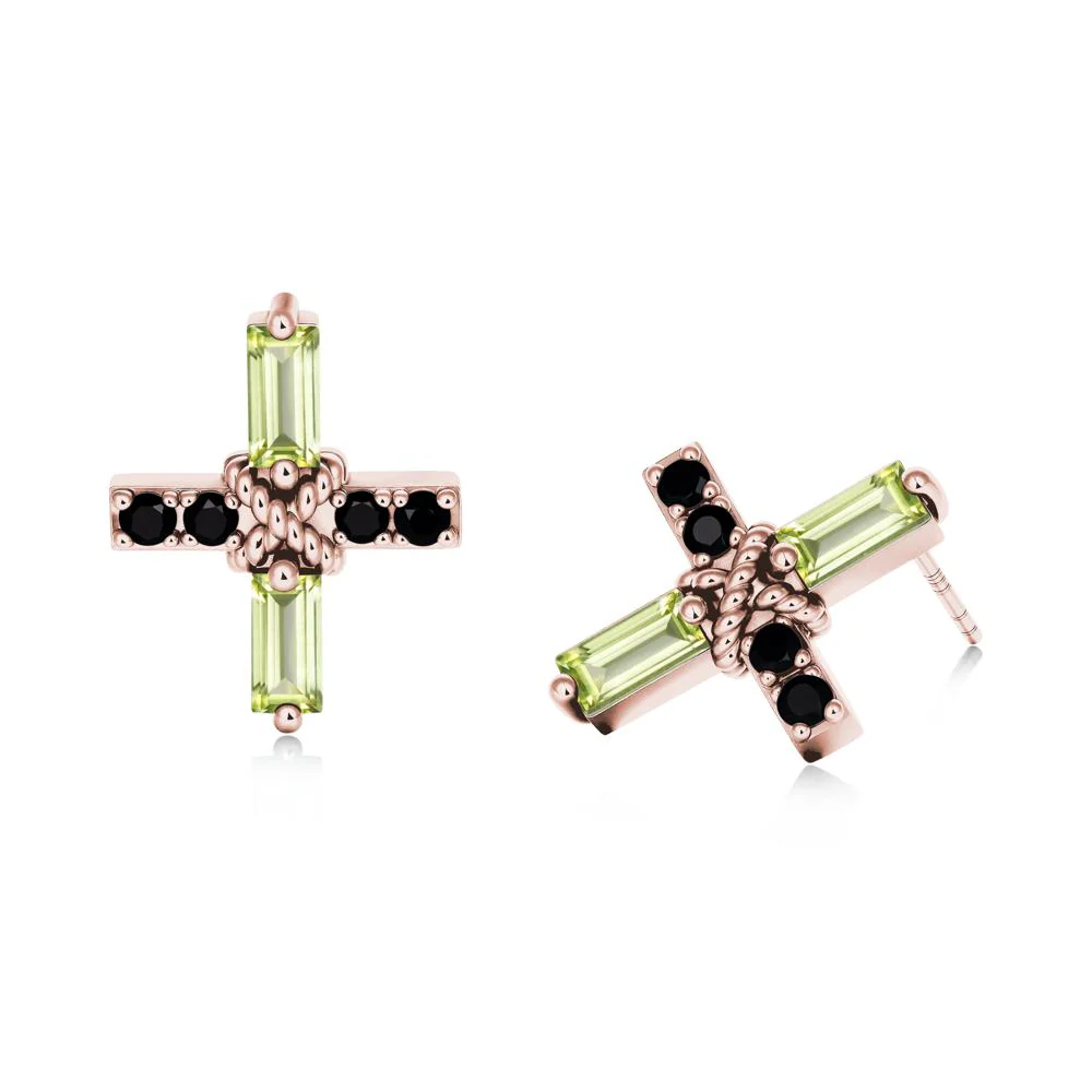 Baguette Peridot and Black Spinel Green Cross Stud Earrings - Image 2