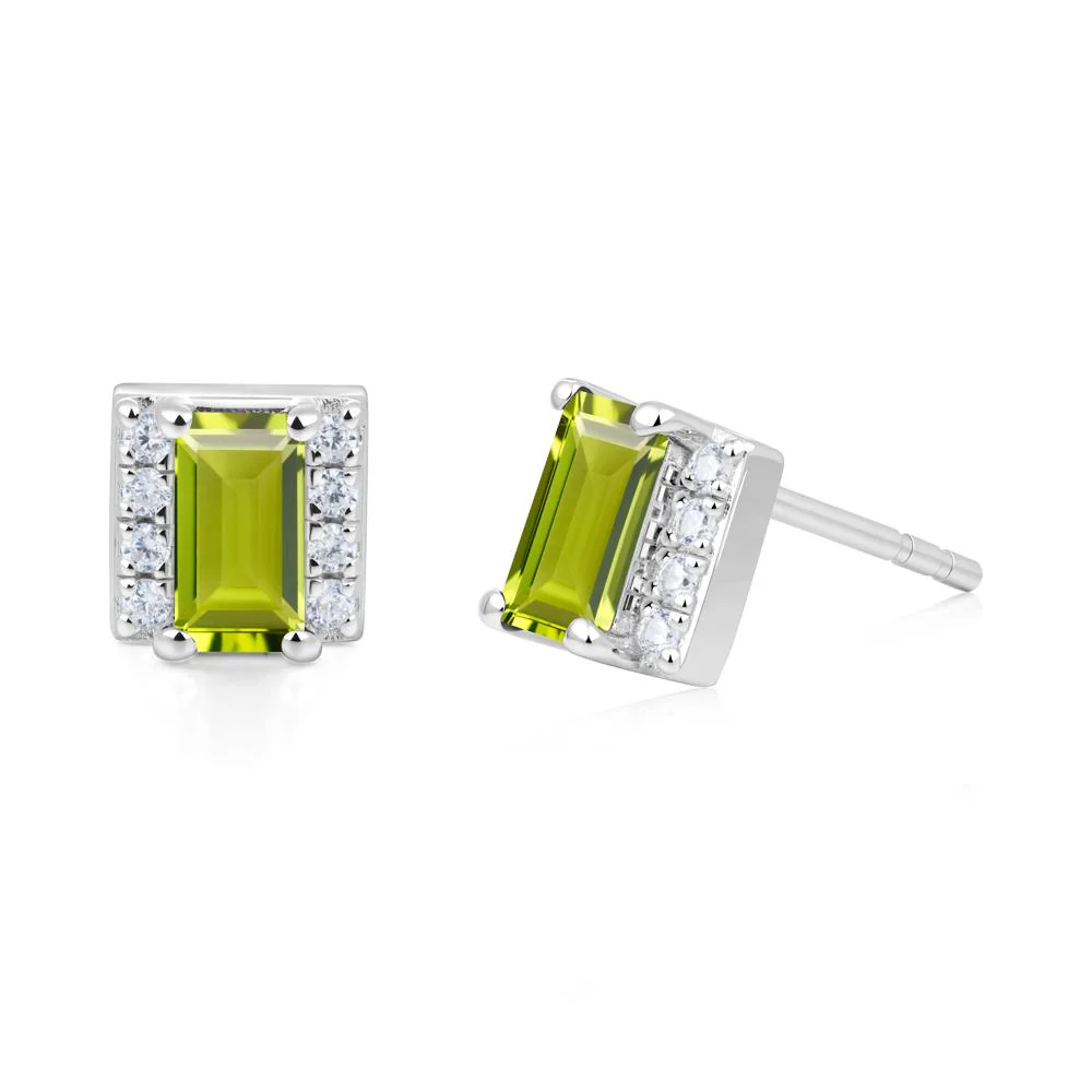 Baguette Peridot Stud Eaarings with Pave Side Accents
