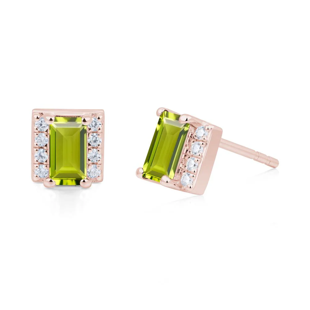 Baguette Peridot Stud Eaarings with Pave Side Accents - Image 6