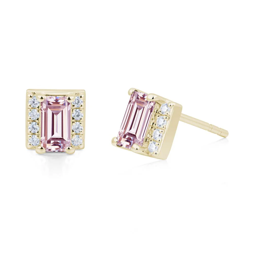 Baguette Pink Cubic Zirconia Stud Eaarings with Pave Side Accents