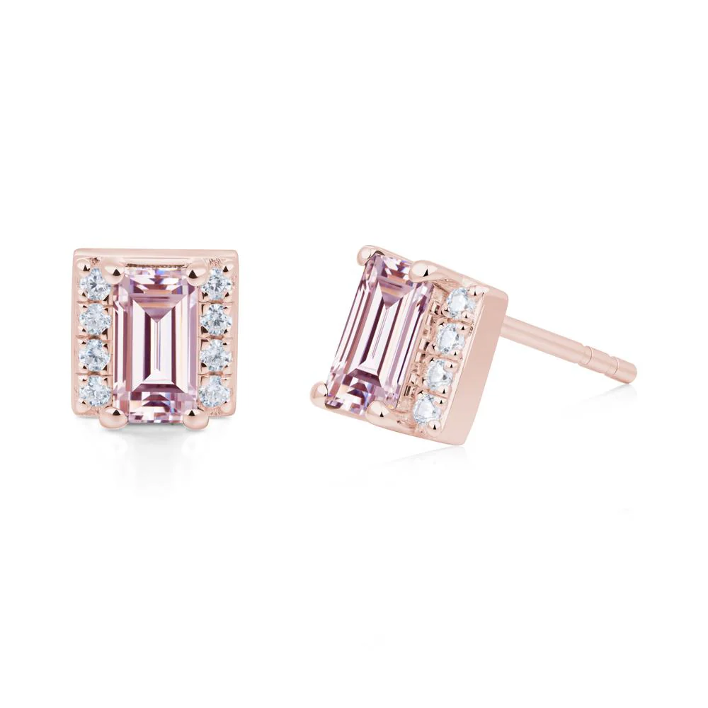 Baguette Pink Cubic Zirconia Stud Eaarings with Pave Side Accents - Image 2