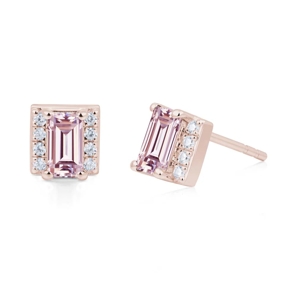 Baguette Pink Cubic Zirconia Stud Eaarings with Pave Side Accents - Image 3