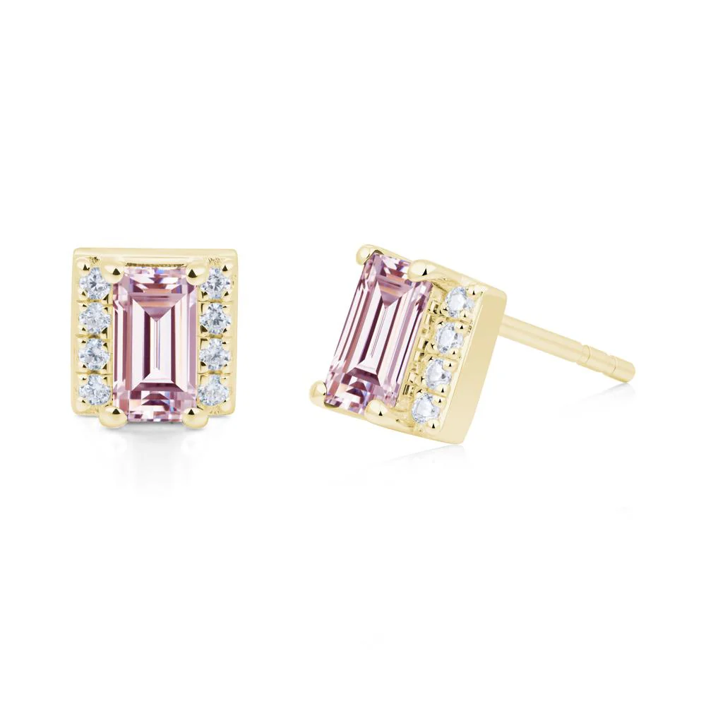 Baguette Pink Cubic Zirconia Stud Eaarings with Pave Side Accents - Image 4