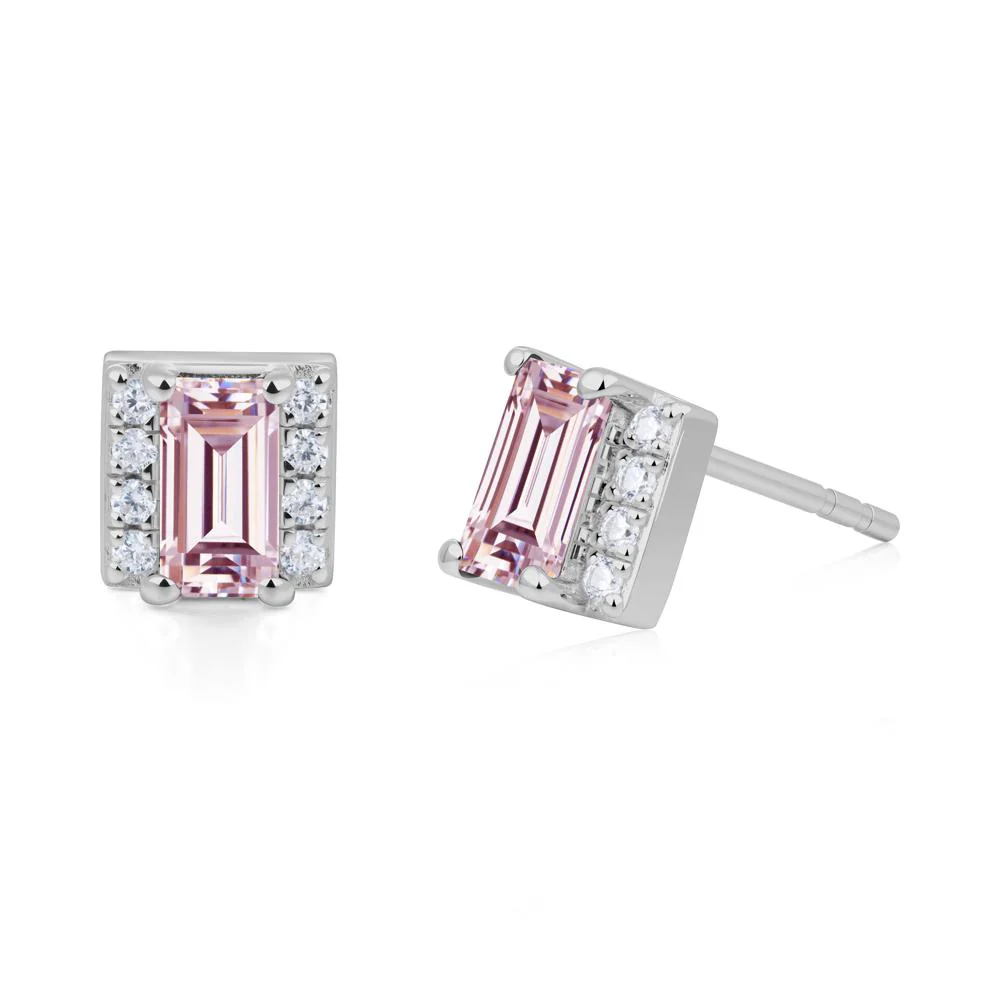 Baguette Pink Cubic Zirconia Stud Eaarings with Pave Side Accents - Image 5
